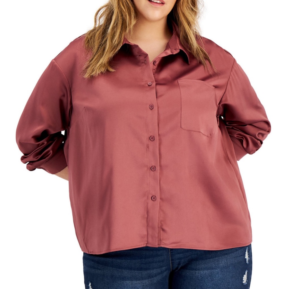 Love, Fire Purple Satin Oversized Button Down Top Plus Size 2X - Picture 1 of 6